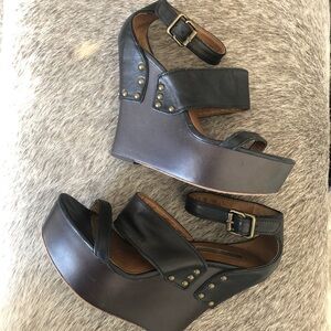 Calvin Klein Black Leather Dark Brown heel Baila Platform shoes size 8.5
